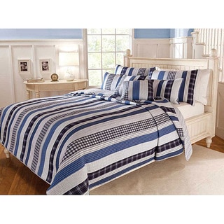 Cameron Contemporary Blue and White Cotton Striped 3-piece Quilt Set