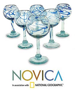 Set of 6 Blown Glass 'Blue Ribbon' Wine Glasses (Mexico)