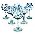Set of 6 Blown Glass 'Blue Ribbon' Wine Glasses (Mexico)