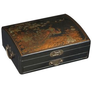 Handmade Black Leather Golden Peacock Jewelry Box
