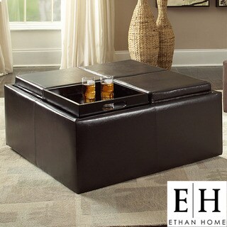 ETHAN HOME Avenue Faux Leather Tray Top Storage Cocktail Ottoman