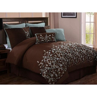 Embroidered Leaves 8-piece Chocolate Brown Comforter Set