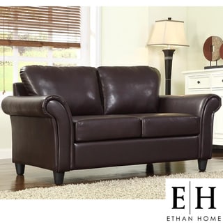 ETHAN HOME Petrie Dark Brown Faux Leather Rolled Arm Loveseat