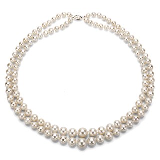 DaVonna Silver White Freshwater Pearl 2-row Graduated Necklace with Gift Box
