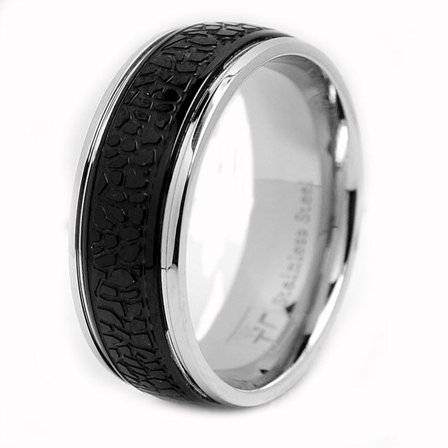 Oliveti Stainless Steel Black-plated Grooved Men's Ring