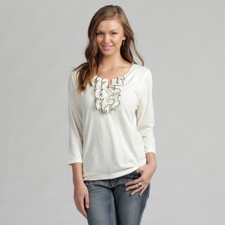 Monterey Bay Ivory 3/4-sleeve Front-ruffle Top with Black Accents