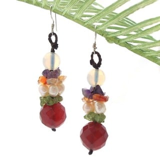 Pearl and Multi-gemstone Fab Drop Earrings (4-6 mm) (Thailand)
