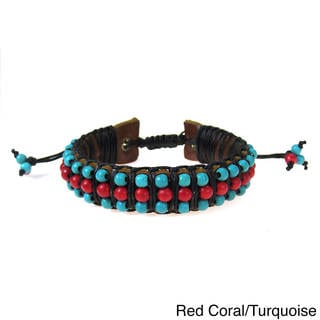 Red Coral or Pearl and Turquoise Leather Bracelet (Thailand)