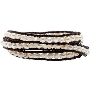 Gemstone or Pearl Tribal Wrap Leather Bracelet (4 mm) (Thailand)