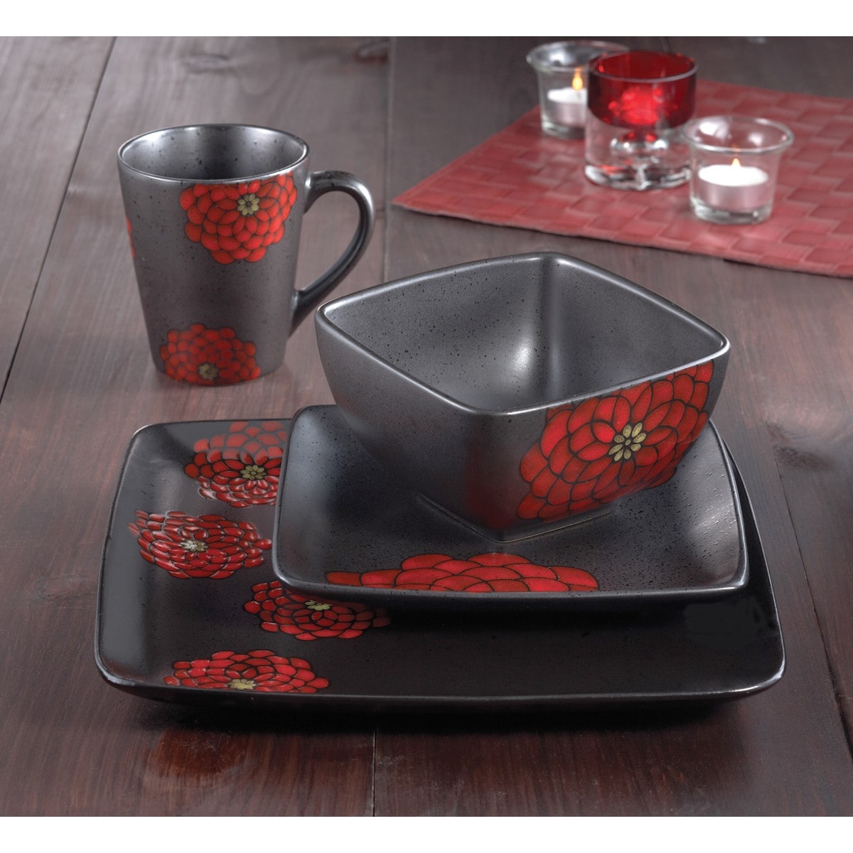 NEW 16 pc dinnerware set red black square dishes modern glazed