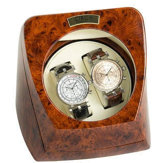 Circa Burl Wood finish 4 Settings Double Watch Winder With Off-white Leather