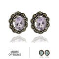 Dolce Giavonna Silver Overlay Marcasite and Oval Gemstone Stud Earrings