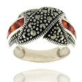 Sterling Silver Marcasite and Garnet 'X' Design Ring