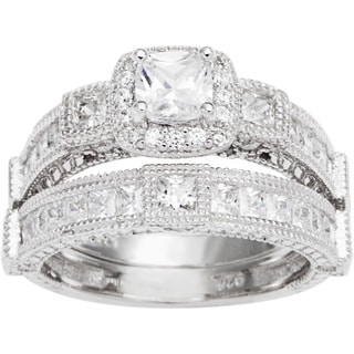 Sterling Silver Princess Cubic Zirconia Antique Bridal-style Ring Set