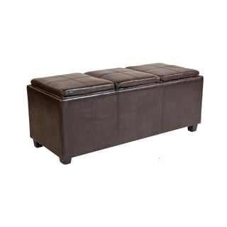 Franklin Extra Large Rectangular Brown Faux Leather Storage Ottoman with 3 Serving Trays