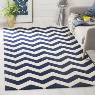 Handmade Chevron Dark Blue/ Ivory Wool Rug (7' Square)