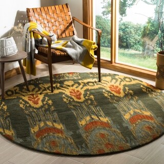 Handmade Ikat Olive/ Gold Wool Rug (6' Round)