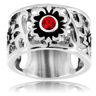 Stainless Steel Triple Flower Red Cubic Zirconia Ring