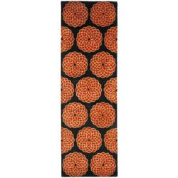 Handmade Floral Black/ Rust N. Z. Wool Runner (2'6 x 8')