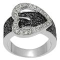 Silvertone Pave-set Black and White Cubic Zirconia Heart Buckle Ring