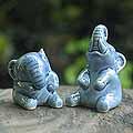 Ceramic 'Happy Blue Elephants' Celadon Sculptures (Thailand)