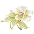 Goldtone Clear Crystal White Flower and Green Leaf Brooch