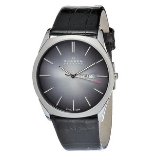 Skagen Men's Steel Black Leather Strap Date Watch