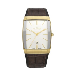 Skagen Men's Rectangular Dial Brown Leather Strap Watch