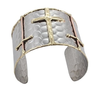 Handcrafted Hammered Brass Copper Sideways Crosses Cuff Bracelet (India)