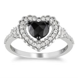 Miadora 10k White Gold 1ct TDW Black and White Diamond Heart Halo Ring (G-H, I2-I3)