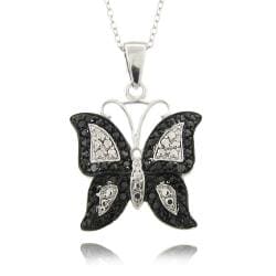 Finesque Silver Overlay Diamond Accent Black and White Butterfly Necklace