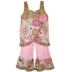 AnnLoren Girls Floral/Leopard Tank and Capri Set