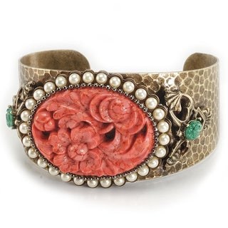 Sweet Romance Bronzetone Pewter Coral and Faux Pearl Cuff Bracelet
