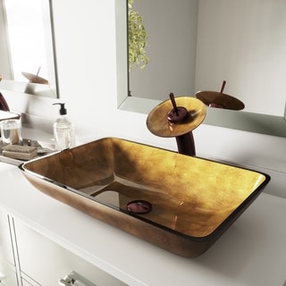 Vigo Copper Rectangular Glass Vessel Sink and Waterfall Faucet Set