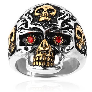Goldplated Stainless Steel Red Cubic Zirconia Skull Ring