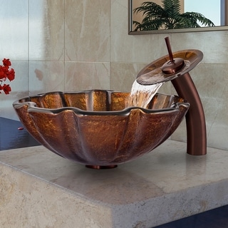 VIGO Walnut Shell Glass Vessel Sink and Oil Rubbed Bronze Waterfall Faucet