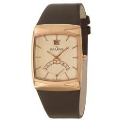 Skagen Men's 'Leather' Stainless Steel Rose Gold Plated Brown Leather Watch