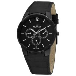 Skagen Men's 'Steel' Black Dial Leather Strap Multifunction Watch
