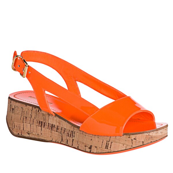 Miu Miu Womens Orange Patent Leather Cork Wedge Sandals  