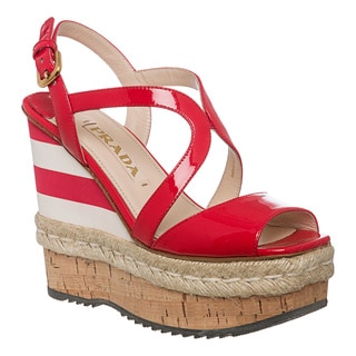 Prada Women's Red Patent Leather Striped Wedges