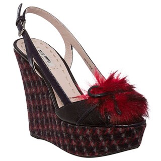 Miu Miu Women's Navy Tweed and Faux Fur Wedge Sandals