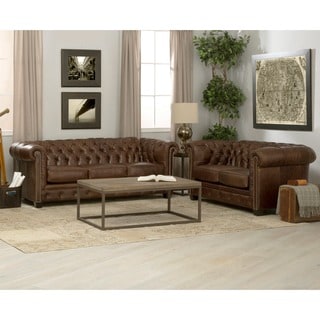 Hancock Tufted Distressed Brown Italian Leather Sofa and Loveseat