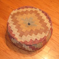  Handmade Kilim Upholstered Round Puff Ottoman (India)