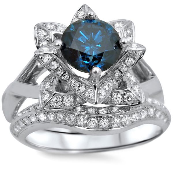 Noori 14k White Gold 1 3/4ctw Blue Round Diamond Lotus Flower