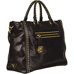 Prada Glace Black Leather and Stud Briefcase