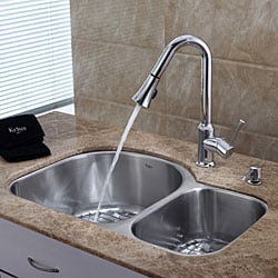 Kraus 30 inch Undermount Double Bowl Stainless Steel Kitchen Sink with Chrome Kitchen Faucet and Soap Dispenser