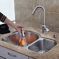 Kraus 30 inch Undermount Double Bowl Stainless Steel Kitchen Sink with Chrome Kitchen Faucet and Soap Dispenser