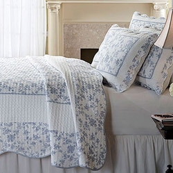 Jouy Toile Blue Woven Cotton 3-Piece Quilt Set