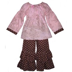 AnnLoren Girl's Pink and Chocolate Toile Dots 2-piece Outfit