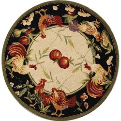 Hand-hooked Rooster Garden Ivory/ Black Wool Rug (3' Round)